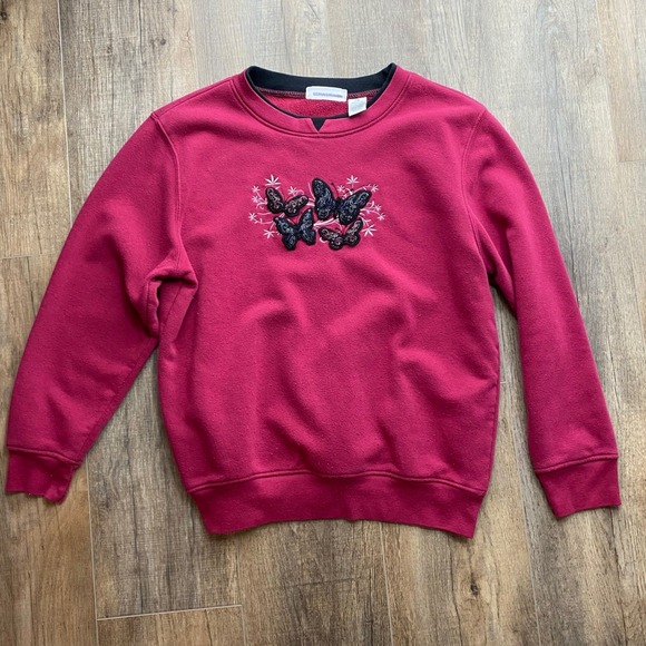 Blair Tops - Blair Womens Butterfly Embroidered Fleece Sweatshirt Magenta Pink PM Petite Med